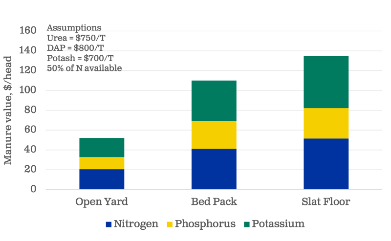 Bar graph showing manure value per head for essential crop nutrients, including nitrogen, phosphorus and potassium. For an in-depth description of this graphic, please call SDSU Extension at 605-688-4792.