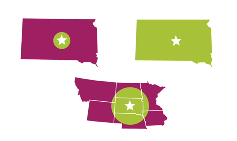 Three maps showing local models for farm to school programing. From left: Regional map including South Dakota and parts neighboring states. State model including all of South Dakota. Localized model including Pierre and a radius around it.