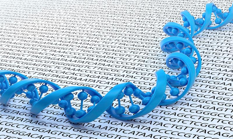 DNA double helix with genetic codes in the background.
