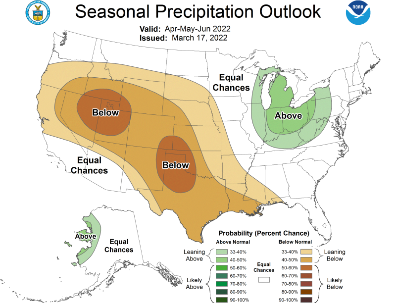 Color-coded map of the United States showing precipitation outlook for April to June 2022.