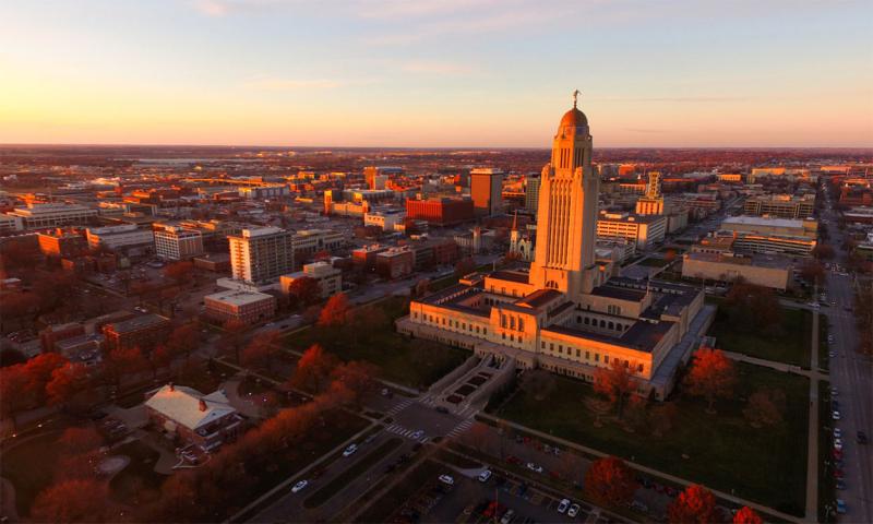 Sunrise over Lincoln, Nebraska skyline.
