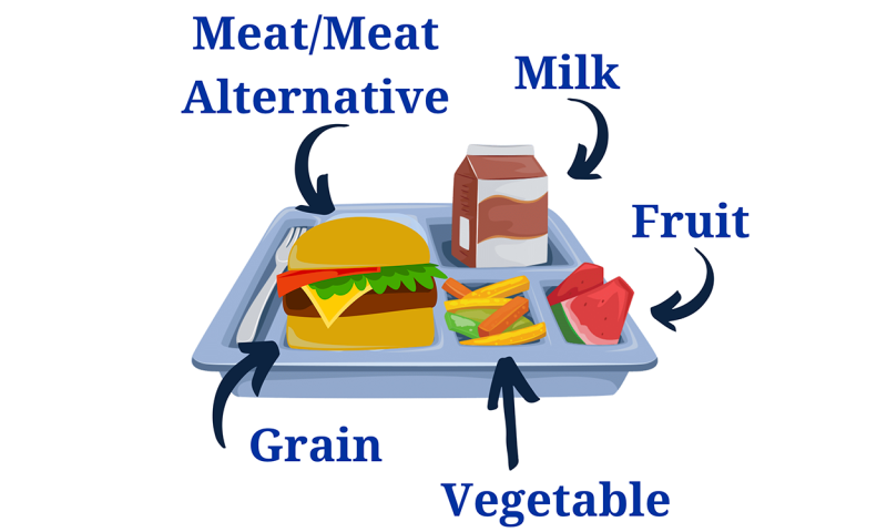 Illustration of a school lunch tray with meat/meat alternatives, milk, grain, vegetables and fruit.