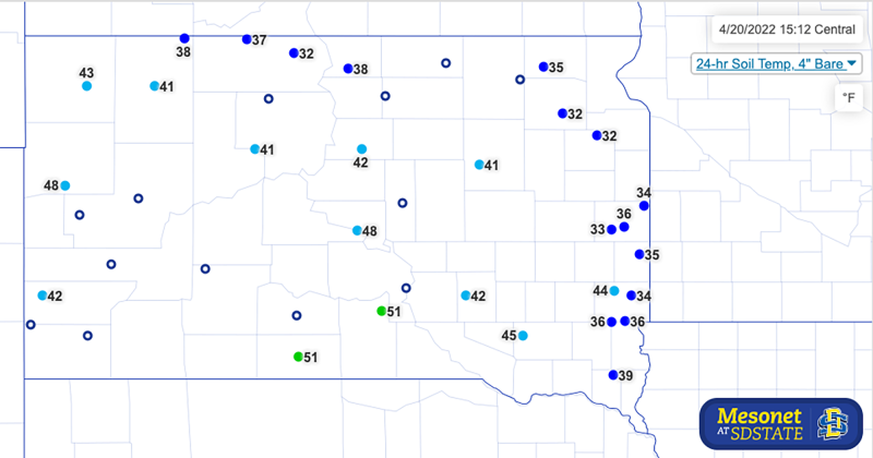 Map of South Dakota with dot-plots indicating 24-hour soil temperatures at a 4-inch depth for various locations throughout South Dakota. Data from Mesonet.sdstate.edu
