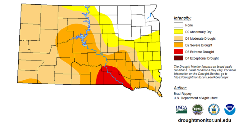 Drought monitor map for the state of South Dakota. Conditions in South Dakota vary from no drought to extreme drought conditions.