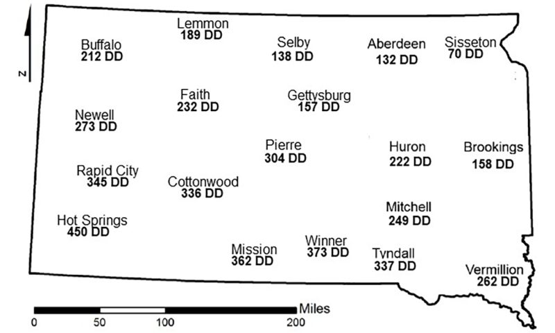 Figure showing the current degree day accumulations of alfalfa weevils for several South Dakota locations. For assistance