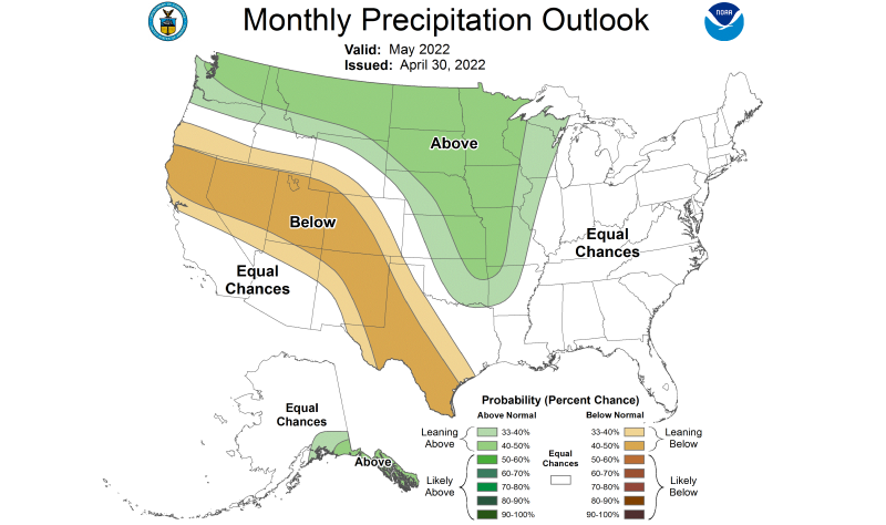 Color-coded map of the United States showing precipitation outlook for May 2022. The majority of South Dakota is predicted to have above-average precipitation.