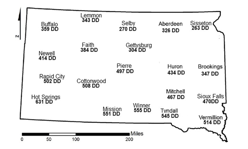 Map of South Dakota with locations indicating how many degree days have been accumulated. For assistance reading this graphic and data set, please call SDSU Extension at 605-688-4792.