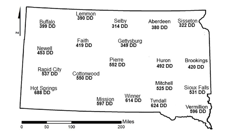 Figure showing the current degree day accumulations of alfalfa weevils for several South Dakota locations.