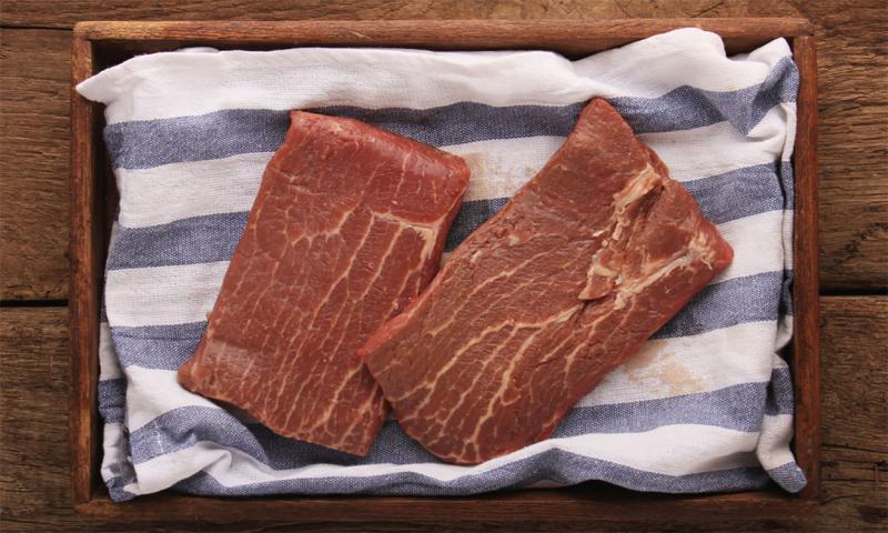 Flat iron steaks on a tray.
