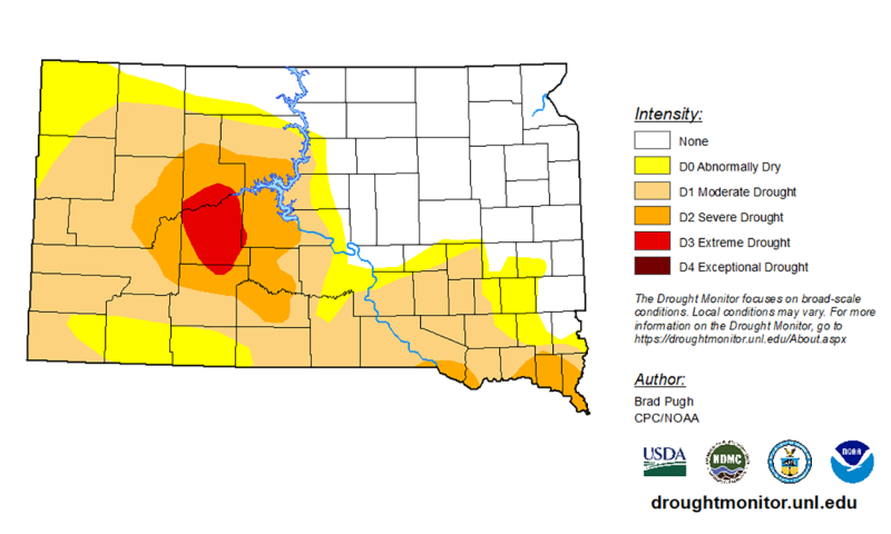 Map of South Dakota colored in to indicate areas of drought. The area of bright red (extreme drought) is in the center of the state just west of the Missouri River.
