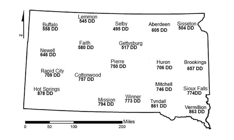 Figure showing the current degree day accumulations of alfalfa weevils for several South Dakota locations.