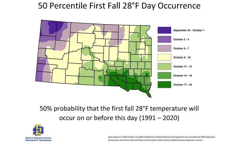 Figure 2. Fiftieth percentile, or median date, or first fall occurrence of 28 degrees Fahrenheit minimum temperature, also known as the first fall hard freeze, or killing frost.