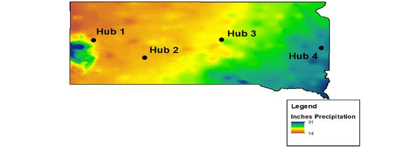 Map showing the location of four hub study sites in South Dakota. Two of the sites (Brookings and Cottonwood) are SDSU research facilities; the other two are working ranches run by producers. For assistance reading this graphic and data set, please call SDSU Extension at 605-688-6729.
