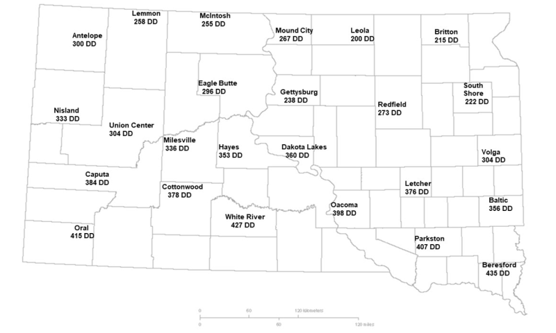 Map showing the current degree day accumulations of alfalfa weevils for several South Dakota locations. For a detailed description of this map, please call SDSU Extension at 605-688-6729.