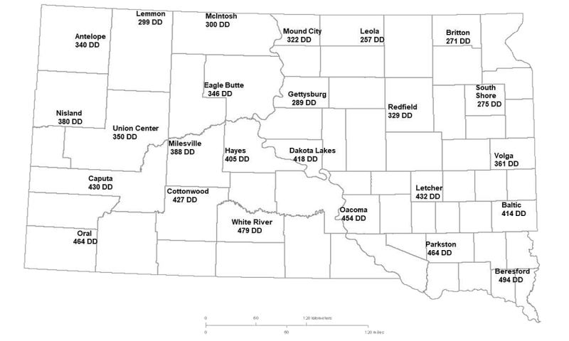 Map showing the current degree day accumulations of alfalfa weevils for several South Dakota locations. For a detailed description of this map, please call SDSU Extension at 605-688-6729.
