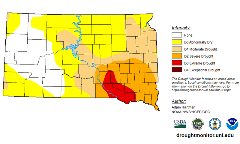 Map of South Dakota with varying colors indicating the level of drought that is being experienced. For a detailed description of this graphic and data set, please call SDSU Extension at 605-688-6729.