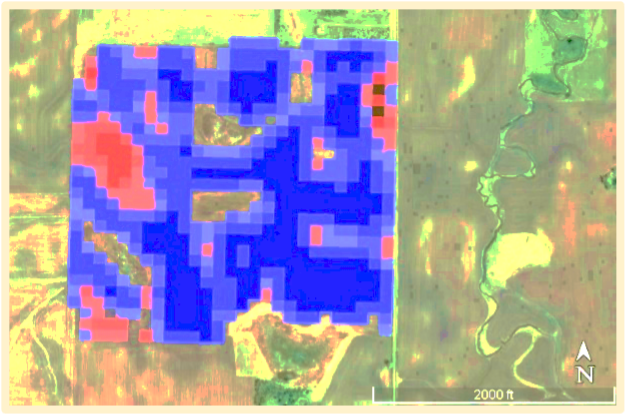 A field divided into management zones to used to manage nutrient applications more precisely