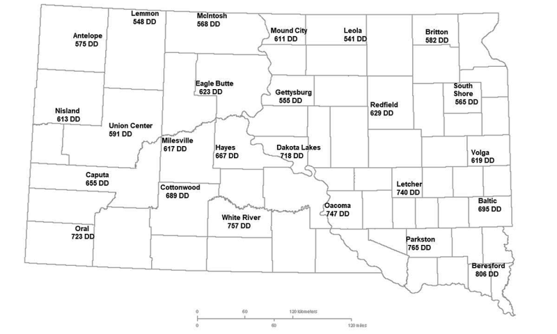 Map showing the current degree day accumulations of alfalfa weevils for several South Dakota locations. For a detailed description of this map, please call SDSU Extension at 605-688-6729.