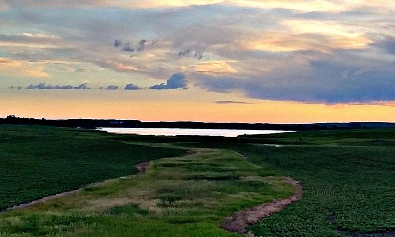 Grassed waterway leading to a large watershed in the distance.