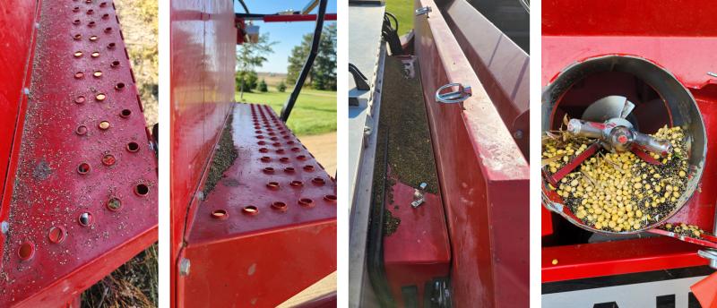 Four pictures of a red combine with tan and black soybean and weed seeds spread throughout its surfaces.