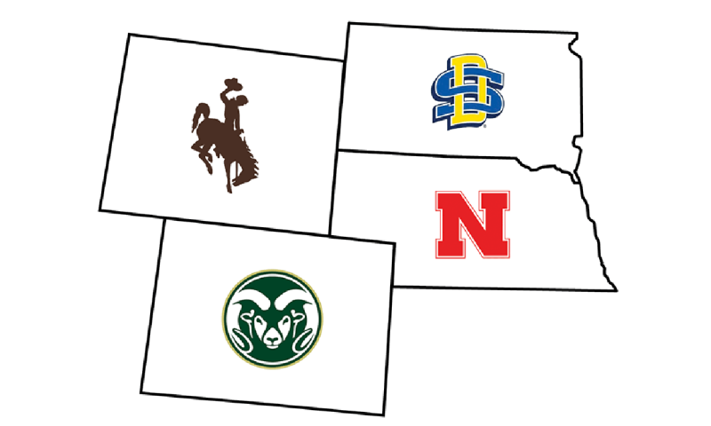 Map of adjoining states, Colorado, Wyoming, Nebraska, and South Dakota, accompanied by university logos.