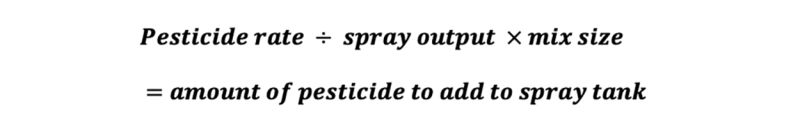 The pesticide rate divided by the spray output multiplied by the mix size equals the amount of pesticide to add to a spray tank. For additional help with this equation, please call SDSU Extension at 605-688-6729.