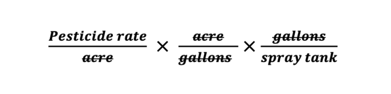 When pesticide rate over acres is multiplied by acres over gallons, then multiplied by gallons over spray tank, acres and gallons are cancelled out. For additional help with this equation, please call SDSU Extension at 605-688-6729.