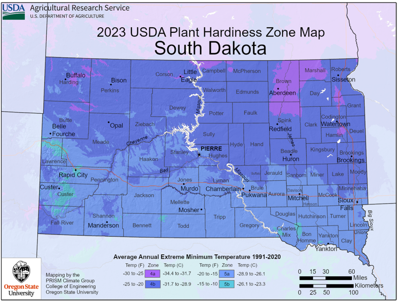Color-coded map of South Dakota’s plant hardiness zones.