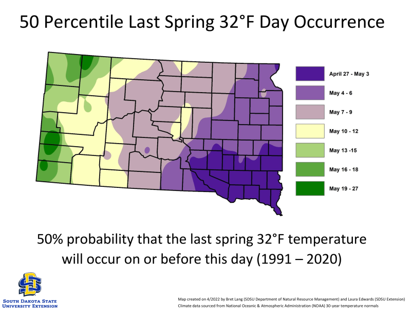 Color-coded map of last freeze/frost dates for the 50th percentile throughout South Dakota.