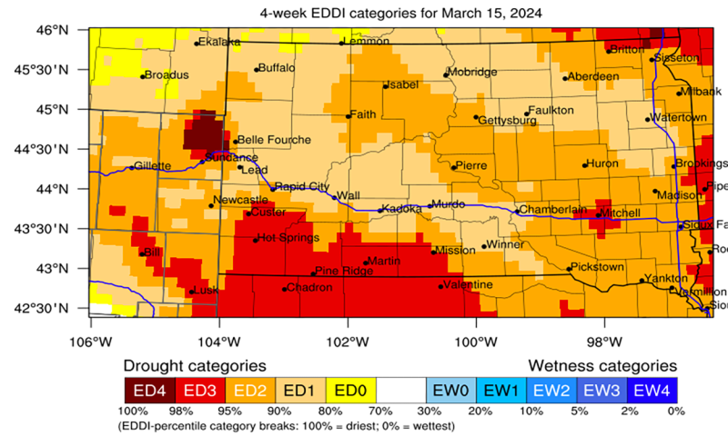 Map of South Dakota showing the severity of dryness based on atmospheric demand.