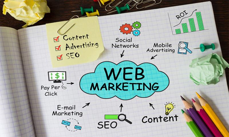 Notebook with a diagram of web marketing components.
