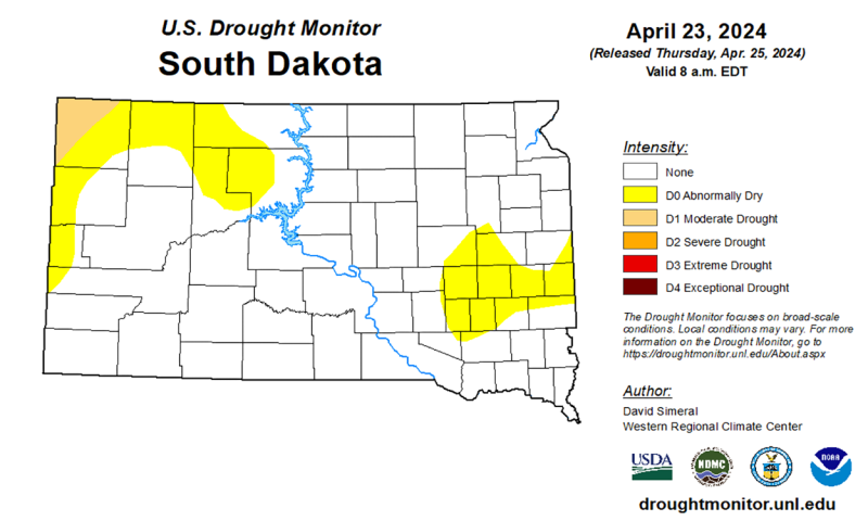 Map of South Dakota with varying colors indicating the level of drought that is being experienced. Most of the map is white, with areas of yellow in the east and northwest.