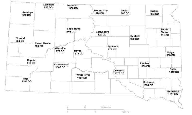 Figure showing the current degree day accumulations of alfalfa weevils for several South Dakota locations.