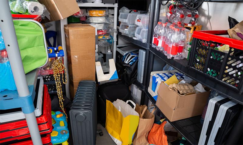A storage closet packed to the ceiling with hoarded items.