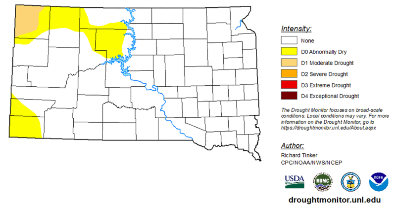 Color-coded map of South Dakota indicating drought status throughout the state. For a detailed description, please call SDSU Extension at 605-688-4792.