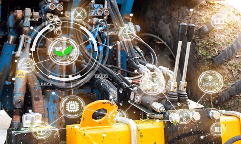 Tractor with a series of digital icon overlays representing aspects of smart farm technology.