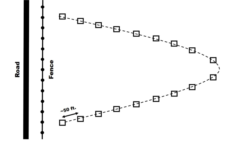 Diagram with black lines representing a road and fence line next to a dotted line with black squares in a horseshoe pattern.