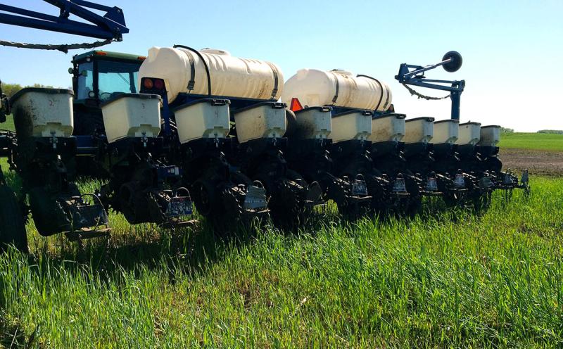Planter planting corn into a cereal rye cover crop.