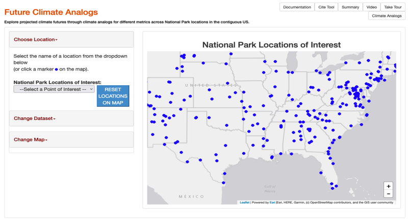 Screenshot of the Future Climate Analogs web tool.