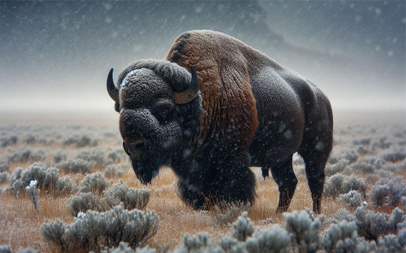 A lone bison standing in rangeland during a snowstorm.