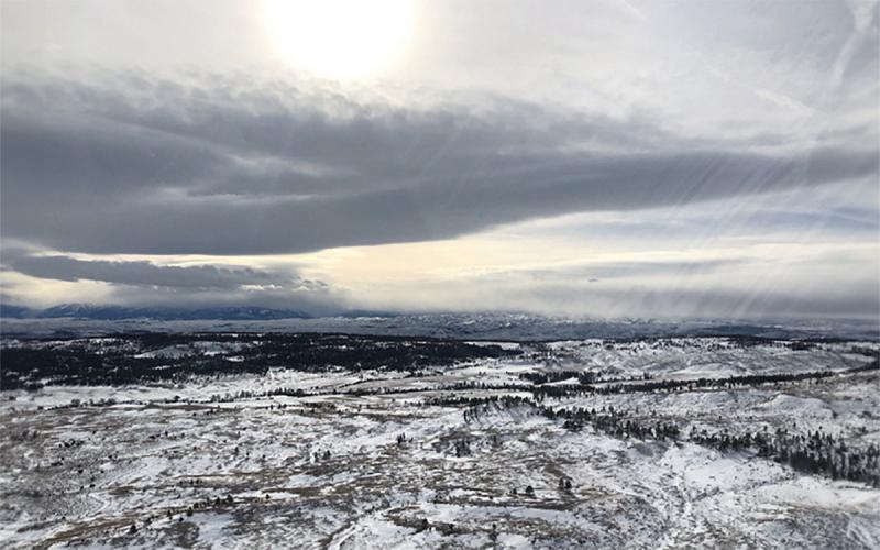 Aerial view of a snow-dusted South Dakota winter landscape.