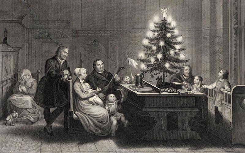Steel engraving of Martin Luther’s Christmas Tree, from Sartain’s Magazine, circa 1860