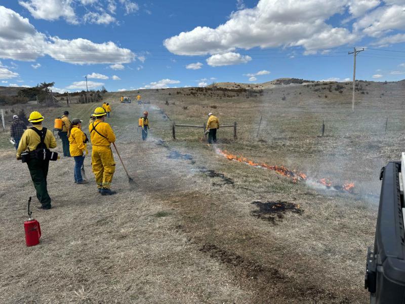 Firefighters in yellow protective gear monitor a grass fire in an open pasture