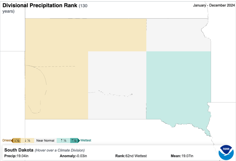 A color-coded map of South Dakota showing annual precipitation rankings by climate division. For a detailed description, please call SDSU Extension at 605-688-4792.