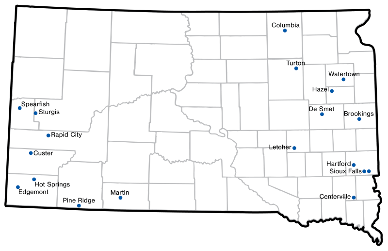 A map that shows where Master Food Preservers are located in South Dakota