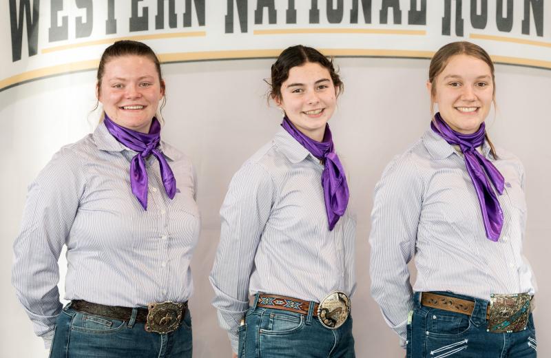 Three girls in button down shirts with matching purple scarves smile for the camera