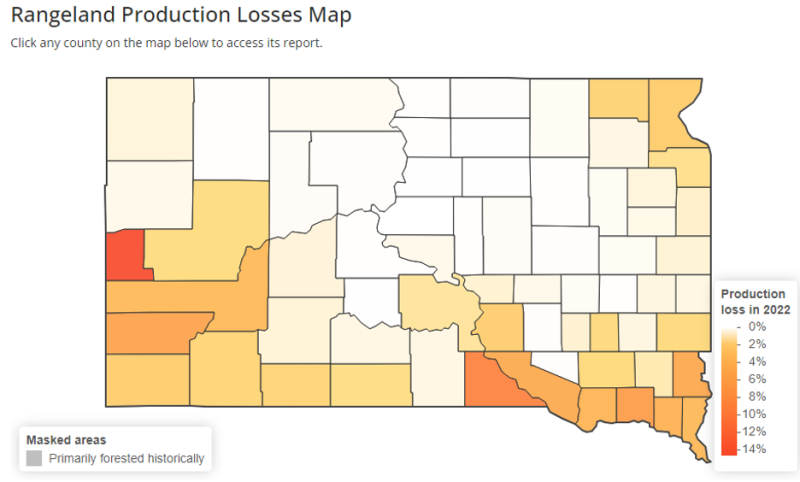 Map of Rangeland Production Losses to woody encroachment in 2022