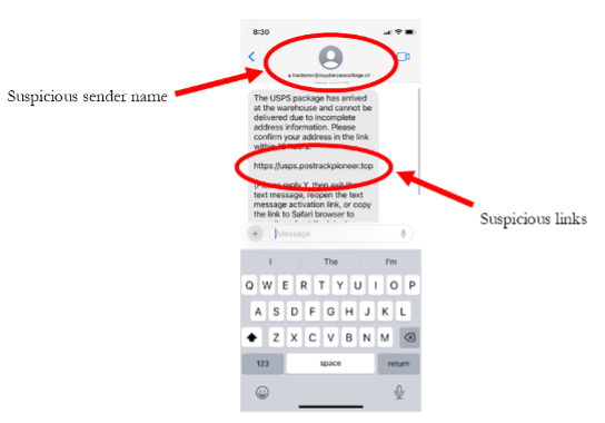 A smishing attack impersonating the United States Postal Service indicating that a package cannot be delivered. Within this message is a suspicious sender name and a link that the sender intends for the recipient to click on.