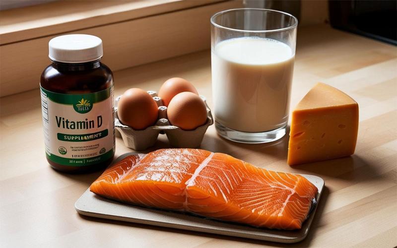 A bottle of vitamin d supplements on a kitchen countertop with a cut of fresh salmon, eggs, a glass of milk, and a block of cheese.