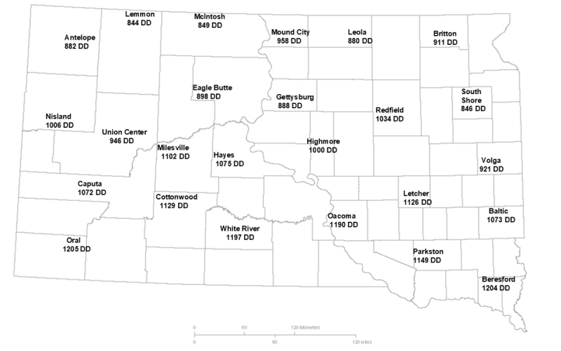 Map showing the current degree day accumulations of common stalk borers for several South Dakota locations and the corresponding management recommendation. For a detailed description, please call SDSU Extension at 605-688-4792.